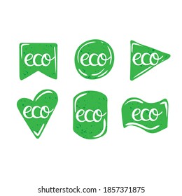 Eco labels. Oganic green geometric forms, bio products stamps collection, ecology friendly emblem set, quality product badge promotion decoration element hand drawn illustration