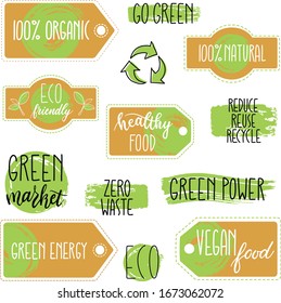 Eco labels for organic, bio and vegan food and environmentally friendly goods. Recycling symbol and labels: Green market, Vegan food, Healthy food, Green power, Reduce reuse recycle, Zero waste etc