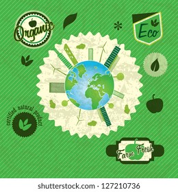Eco labels planet concept, on green background
