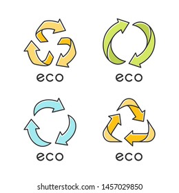 Eco labels yellow color icons set. Arrows signs. Recycle symbols. Alternative energy. Eco friendly chemicals. Environmental protection emblems. Organic cosmetics. Isolated vector illustrations