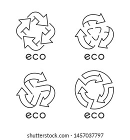 Eco lables linear icons set. Arrows signs. Recycle symbols. Alternative energy. Environmental protection emblems.  Thin line contour symbols. Isolated vector illustrations. Editable stroke