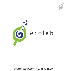 Eco laboratory logo concept, leaf with chemical glass, simple flat science logo template with green and blue color