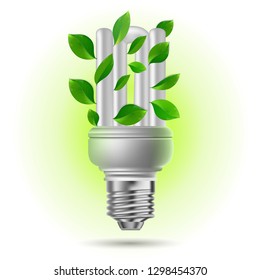 eco lamp with green leaves on white background