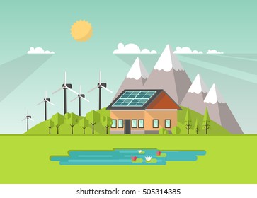 Eco Landscape Flat Design. Eco concept. Illustration of solar panel, with wind turbines. Renewable energy vector.
