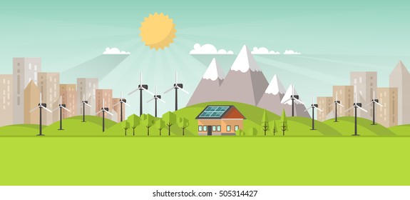 Eco Landscape Flat Design. Eco concept. Illustration of solar panel, with wind turbines. Renewable energy vector.
