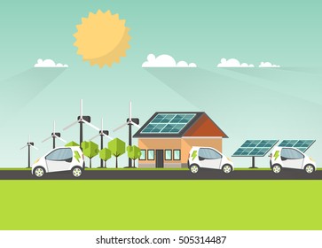 Eco Landscape Flat Design. Eco Concept. Illustration Of Solar Panel, With Wind Turbines And Electric Car. Renewable Energy Vector.
