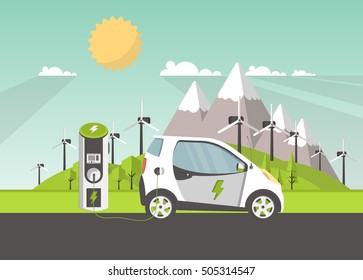 Eco Landscape Flat Design. Eco Concept. Illustration Of Solar Panel, With Wind Turbines And Electric Car. Renewable Energy Vector.