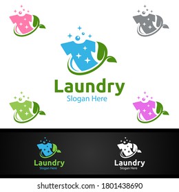 Eco Laundry Dry Cleaners Logo with Clothes, Water and Washing Concept