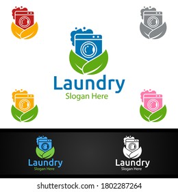 Eco Laundry Dry Cleaners Logo with Clothes, Water and Washing Concept
