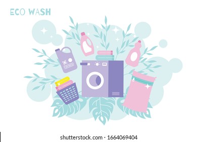 Eco laundry wash clean flat composition with text leaves background and cleaning detergents with washing machine vector illustration