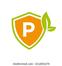 Eco Leaf Agriculture Logo On Letter P Vector Template. Eco Sign, Agronomy, Wheat Farm, Rural Country Farming, Natural Harvest Concept