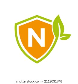 Eco Leaf Agriculture Logo On Letter N Vector Template. Eco Sign, Agronomy, Wheat Farm, Rural Country Farming, Natural Harvest Concept