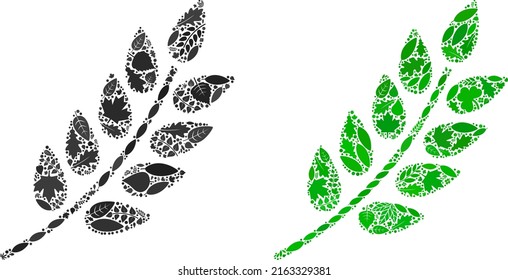 Ökoblaub Zweig Symbol Mosaik von Kräuterblättern in Grün und natürlichen Farbvariationen. Ökologische Umgebung, Vektorvorlage für Blattverzweigungssymbol.