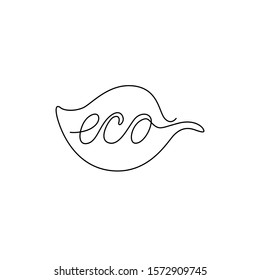 Eco with a leaf, emblem or logo design, continuous line drawing, neon, banner, poster, flyers, marketing, one single line on white background, isolated vector illustration.
