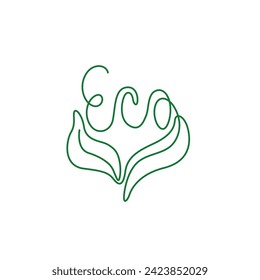 Eco with leaf, emblem or logo design, continuous line drawing, neon, banner, poster, flyers, marketing, one single line on white background, isolated vector illustration.