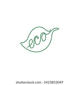 Eco with leaf, emblem or logo design, continuous line drawing, neon, banner, poster, flyers, marketing, one single line on white background, isolated vector illustration.
