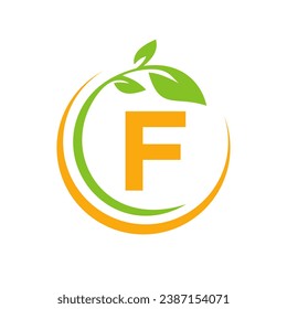 Logotipo De Hoja Ecológica En La Plantilla De Vector De Letra F