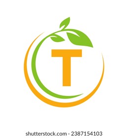 Logotipo De Hoja Ecológica En La Plantilla De Vector De Letra T