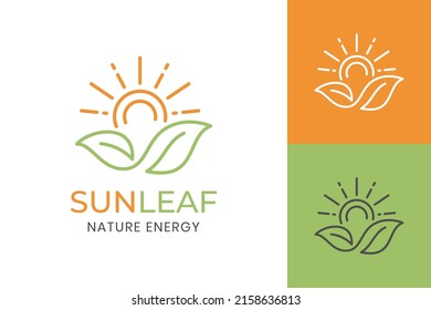  Eco leaf sun logo icon symbol for organic green Farm natural fresh products line art style