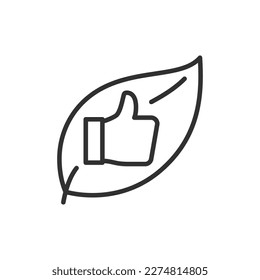 Eco Leaf and thumbs up, linear icon, high quality. Line with editable stroke