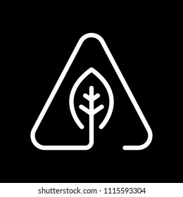 eco leaf in warning triangle. problem with ecology. linear symbol with thin outline. one line style. White icon on black background. Inversion