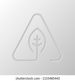 eco leaf in warning triangle. problem with ecology. linear symbol with thin outline. one line style. Paper design. Cutted symbol. Pitted style