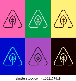 eco leaf in warning triangle. problem with ecology. linear symbol with thin outline. one line style. Pop art style. Scratched icons on 6 colour backgroundsa