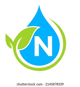Eco Leaf and Water Drop Logo on Letter N Template. Letter N Water Concept