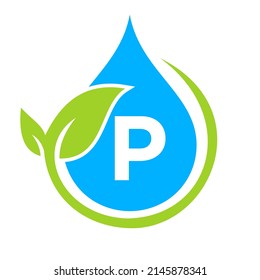 Logotipo de hoja ecológica y agua en la plantilla de la letra P. Letra P Concepto de agua