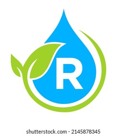 Eco Leaf and Water Drop Logo on Letter R Template. Letter R Water Concept