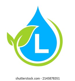 Eco Leaf and Water Drop Logo on Letter L Template. Letter L Water Concept