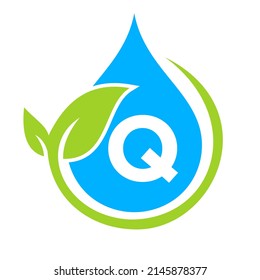 Eco Leaf and Water Drop Logo on Letter Q Template. Letter Q Water Concept