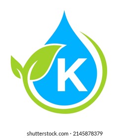 Eco Leaf and Water Drop Logo on Letter K Template. Letter K Water Concept