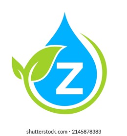 Eco Leaf and Water Drop Logo on Letter Z Template. Letter Z Water Concept