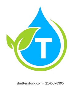 Eco Leaf and Water Drop Logo on Letter T Template. Letter T Water Concept