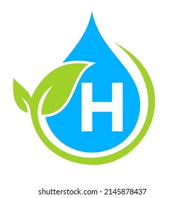 Eco Leaf and Water Drop Logo on Letter H Template. Letter H Water Concept