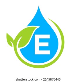 Eco Leaf and Water Drop Logo on Letter E Template. Letter E Water Concept