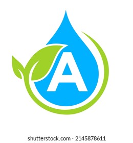 Eco Leaf and Water Drop Logo on Letter A Template. Letter A Water Concept