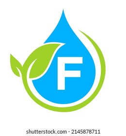 Eco Leaf and Water Drop Logo on Letter F Template. Letter F Water Concept
