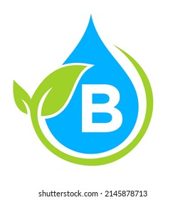 Eco Leaf and Water Drop Logo on Letter B Template. Letter B Water Concept