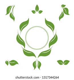 Eco leaf wreath logo set, design template elements. Isolated green leaves. Green laurel leaves set. Design set for emblem, logotype.  