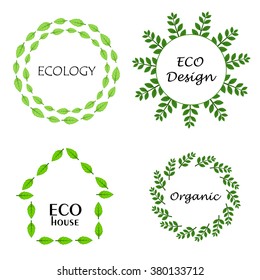 Eco leaf wreath logo set, design template elements. Isolated green leaves.Organic, ecology, eco design, eco house.  Design set for emblem, logotype, web.