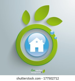 Eco leaves with blue button on the grey background. Eps 10 vector file.