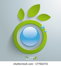 Eco leaves with blue button on the grey background. Eps 10 vector file.