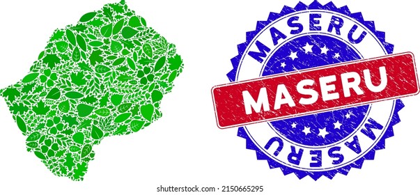 Eco Lesotho map collage of herbal leaves in green color tones and grunge bicolor Maseru seal. Red and blue bicolored seal with distress texture and Maseru tag.