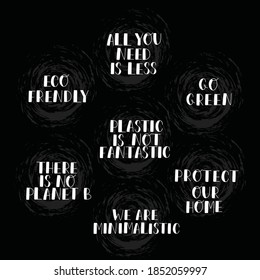 Eco lettering chalk guotes. Eco frendly, there is no planet B, go green, plastic is not fantastic, protect our home, all you need is less, we are minimalistic. Hand writing sign set on chalkboard. 
