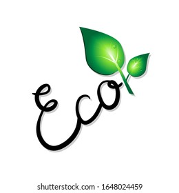 Eco lettering with fresh green leaves with dew drops. Concept of nature, ecology, eco friendly products, environment protection, organic items. Website, decor, textile, branding element, vector icon.