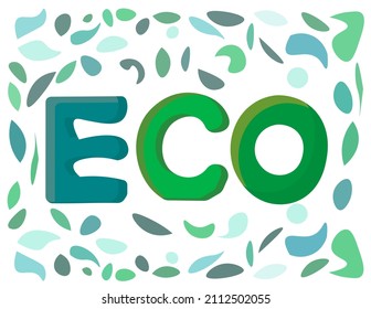 Eco lettering in trendy green colors on a white background with abstract leaves