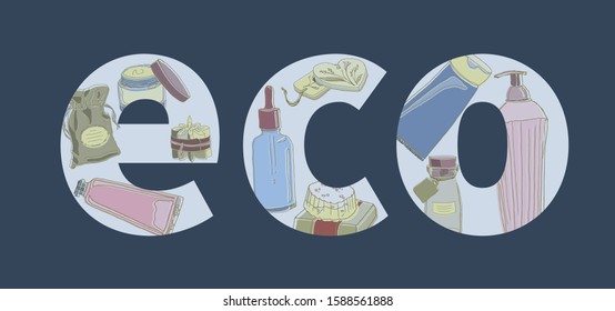 eco letters inside of which tubes of care cosmetics on a blue background