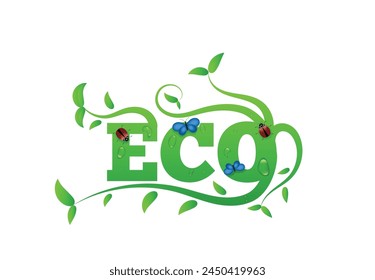Eco Letters with Leaves and Insects. Nature and wildlife concept vector